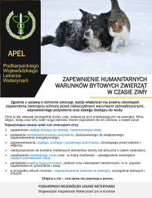Apel PWLW o ZAPEWNIENIE HUMANITARNYCH WARUNKÓW BYTOWYCH ZWIERZĄT W CZASIE ZIMY
